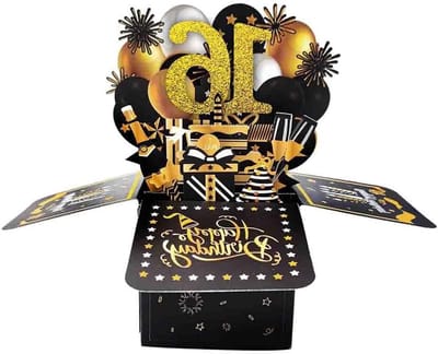 Verjaardagskaart voor 16-jarige jongen, 3D pop-up kaart met envelop en notitie, origineel cadeau idee in zwart en goud voor een feestelijke viering