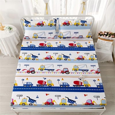 3-delige hoeslakenset met cartoonmotief van een bouwvakker - Zachte, ademende en hypoallergene beddengoedset. Levendig en perfect. 120x200cmx25