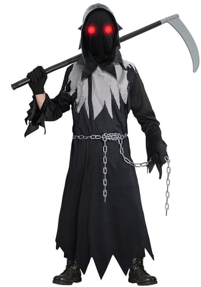 Dailygoods- Sensenmankostuum voor Kinderen - Halloween Kostuum - Zwarte Robe - Capuchon - Zilveren Zeis - Griezelige Accessoires - Griezelkostuum