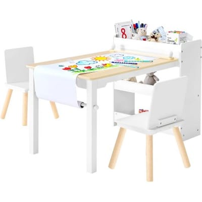 VEVOR Kindertafel met 2 stoelen en 3-laags opbergkast, teken- en schrijftafelset voor lezen, leren, tekenen en schrijven, kinderzitset voor kinderdagverblijf, knutseltafel, speeltafel, bureau, wit