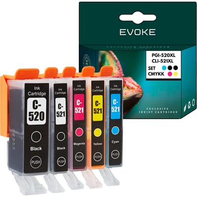 Evoke Compatibele Inkt voor Canon Pgi-520 Cli-521 Pgi520 Cli521 XL 5X: Pgbk Zwart Pigment+Bk Foto Zwart+Cyaan+Magenta+Geel 63 ml 3310 Pagina's Pixma Ip3600 Ip4600 Ip4700 Mp540 Mp550 Mp560 Mp620 Mp630