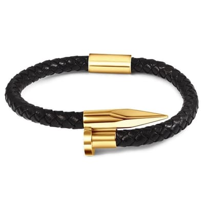 Victorious Handgevlochten Leren Armband Heren – Goud RVS Roestvrij Staal – Zwart/Goud – 22cm