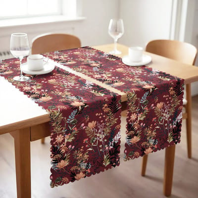 Velvet textiel Tafelloper set van 2 - 45x140 - Bloemen op Bordeaux