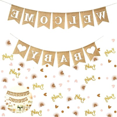 Babyfeest Banner Set - Welkomstbanner Baby - Feestelijke Decoratie - Linnen Materiaal - 2 Delig - Neutrale Kleur