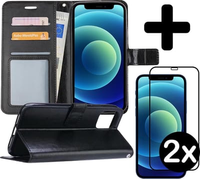Hoesje - Met 2x Screenprotector - Geschikt voor Apple iPhone 12 - Luxe Pasjeshouder - Flip Case - Bookcase Portemonee - Kunstleer Book Case - Flipcase Hoes - Book Cover - Walletcase - Portemonneehoes - Telefoonhoes - Zwart