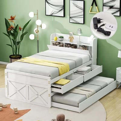 Eenpersoonsbed, massief grenenhout, 90 x 190 cm, multifunctioneel met uittrekbare lade, lattenbodem, nachtkastje met planken met USB-bus, jeugdbed, logeerbed, wit