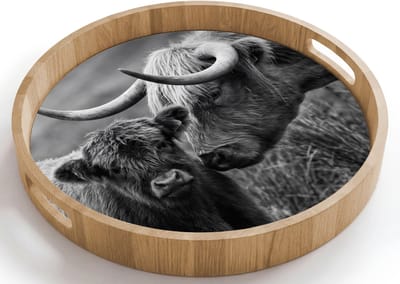 Dienblad rond 40x40 cm - Schootdienblad hout - Schotse hooglander - Kalf - Zwart - Wit - Borrelplank rechthoek - Plateau houten dienbladen