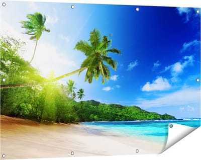 Gards Tuinposter Strand tijdens Zonsondergang in Seychellen - 120x80 cm - Tuindoek - Tuindecoratie - Wanddecoratie buiten - Tuinschilderij