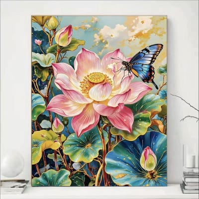 DIY kruissteekborduurpakket/Lotusvijver en Vlinders/gedrukt kruissteekpatroon borduurpakket (frame niet inbegrepen) 60*80CM