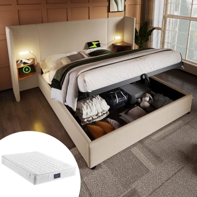 Gutent-Gestoffeerd tweepersoonsbed 160x200 cm met nachtkastje-bedframe met opbergruimte en lattenbodem-beige-linnen (met matras)