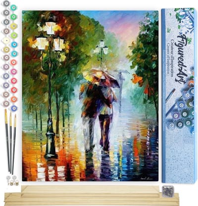 Figured'Art Schilderen op Nummer Volwassenen canvas Romantiek onder de regen - Handwerk acrylverf Kit DIY Compleet - 40x50cm met DIY houten lijst