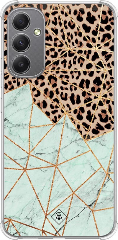 Casimoda® hoesje - Geschikt voor Samsung Galaxy A34 - Luipaard Marmer Mint - Shockproof case - Extra sterk - TPU/polycarbonaat - Mint, Transparant