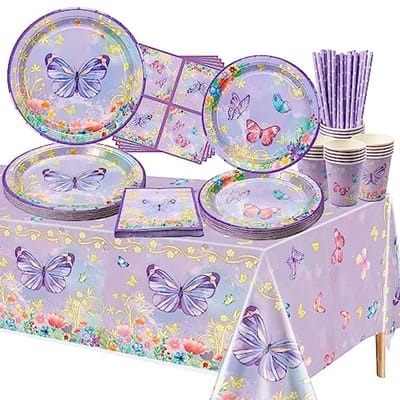 XJLANTTE Vlinder verjaardagsdecoraties - 106 stuks paarse feestdecoraties met borden, servetten, kopjes, tafelkleed en papieren rietjes voor vlinder verjaardagsfeestbenodigdheden, voor 20 (JY-09)