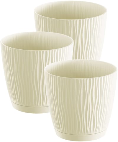 Prosperplast Plantenpot/bloempot Waves - 3x stuks - kunststof - creme wit - D13 x H12 cm - binnen/buiten - met opvangschaal