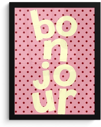 Poster in lijst - Fotolijst 30x40 cm - Posters - Bonjour - Stippen - Roze- Geel - Posterlijst zwart - Decoratie - Wanddecoratie woonkamer - Muurdecoratie slaapkamer