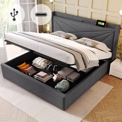 Sweiko Gestofferd bed Eenpersoonsbed Opbergdoos met USB Type-C oplaadfunctie Hoofdbord, opbergbed Linnenmateriaal bedstead 180x200cm jeugdbed met Flat noedels grille Grijs (geen matras)