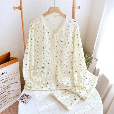 Lente en Herfst Nieuwe Dames Pyjama Set met Lange Mouwen 100% Katoen Crêpe Gefragmenteerde Bloem Huispak Tweedelige Set XL beige