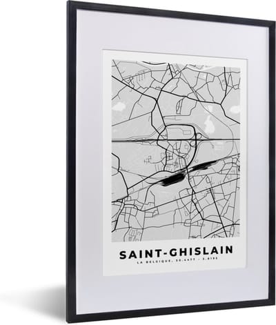 Fotolijst incl. Poster Zwart Wit- Stadskaart – Zwart Wit - Kaart – Saint Ghislain – België – Plattegrond - 30x40 cm - Posterlijst