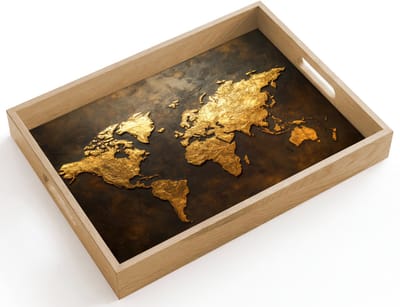 Dienblad hout 40x30 cm - Schootdienblad - Wereldkaart - Goud - Roest - Borrelplank rechthoek - Plateau dienbladen