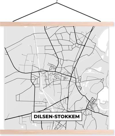 Posterhanger incl. Poster 40x40 cm - Schoolplaat - België – Dilsen Stokkem – Stadskaart – Kaart – Zwart Wit – Plattegrond - Textielposter - Blanke latten - Stadskaart