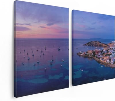 Artaza Canvas Schilderij Tweeluik Ibiza met Boten op het Water bij Zonsopgang - 120x80 - Foto Op Canvas - Canvas Print