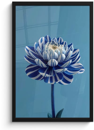 Poster in lijst - Fotolijst 40x60 cm - Posters - Bloem - Blauw - Bloemblaadjes - Streepjes - Posterlijst zwart - Decoratie - Wanddecoratie woonkamer - Muurdecoratie slaapkamer