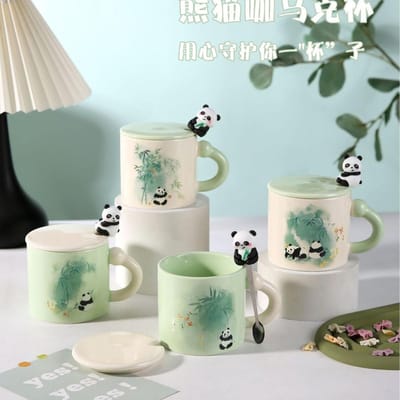 Eenvoudige Set Thuis Schattige Cartoon Kleine Panda Keramische Kop Kantoor Meisje Koppels Mok met Deksel Lepel Waterbeker 380ML white