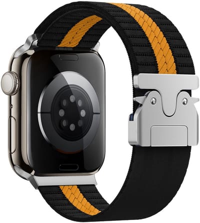 Nylon bandje - geschikt voor Apple Watch 1/2/3/4/5/6/7/8/9/10/11/ SE (1,2,3) met maat 38 mm / 40 mm / 41 mm en 42 mm (Watch 10/11) - zwart-oranje
