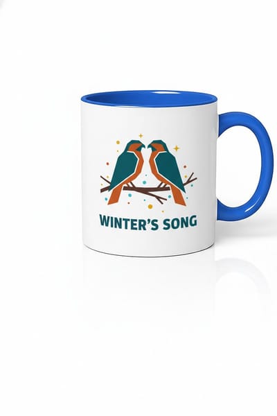 Mok Winter's Song Vogels Design - Keramisch met Blauwe Rand & Hendel - Uniek Cadeau