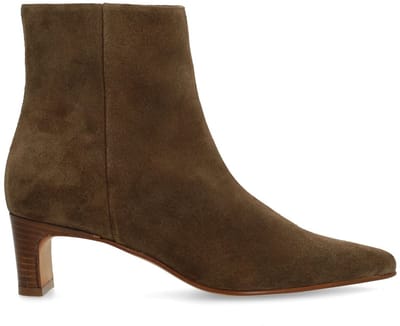 Manfield - Dames - Taupe suède enkellaarsjes met hak - Maat 36