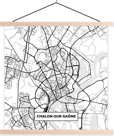 Posterhanger incl. Poster 40x40 cm - Schoolplaat - Plattegrond - Chalon-sur-Saône - Kaart - Frankrijk - Stadskaart - Zwart wit - Textielposter - Blanke latten - Stadskaart