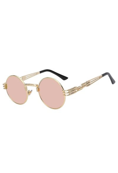 KIMU® Ronde Zonnebril Steampunk Heren - Goud Montuur Rond - Rosé Spiegelglazen - Vintage Retro Roségoud Gouden Lichtroze Hippie Roze Hipster Brilletje Festival
