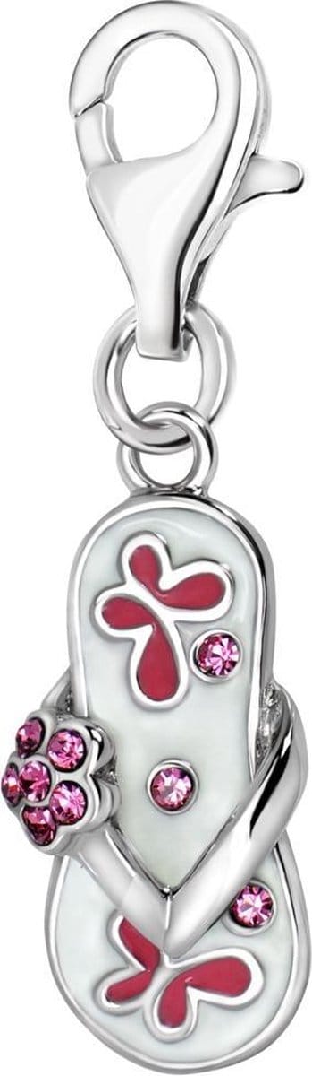 Quiges – 925 - Zilver – Charm - Bedel - Hanger - Slipper met Vlinder en Bloem - met – sterling - zilver - karabijnslot - geschikt - voor -Bedelarmband HC194