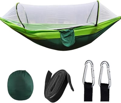 Kampeerhangmat met klamboe - Buiten relaxen - Ontspannen in de natuur - Boomvriendelijke bevestiging - 260 x 140 cm - Groen