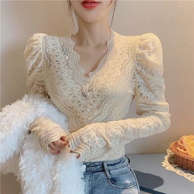Haut à manches longues et col en V en velours avec doublure en dentelle pour femme 2XL gray