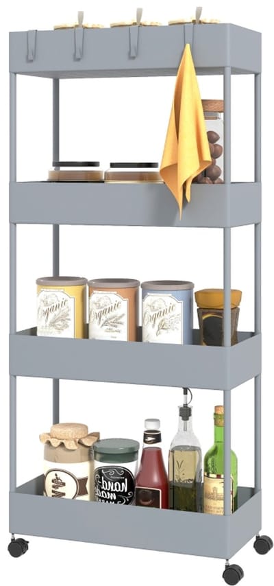 Keukentrolley - 40x19x90 cm - 4 Etages Met Remmen - Opbergwagen - Kunststof - Grijs
