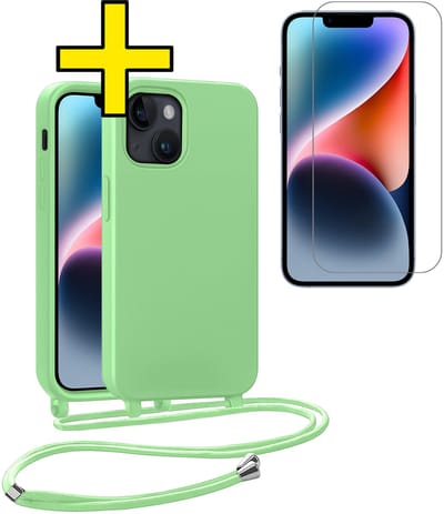 Hoesje Geschikt voor iPhone 13 Mini Hoesje Met Koord Met Screenprotector Siliconen Case - Hoes Geschikt voor iPhone 13 Mini Backcover Met Afneembaar Koord - Groen
