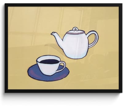 Poster in lijst - Fotolijst 70x50 cm - Posters - Theepot - Kopje - Beige - Illustratie - Posterlijst zwart - Decoratie - Wanddecoratie woonkamer - Muurdecoratie slaapkamer
