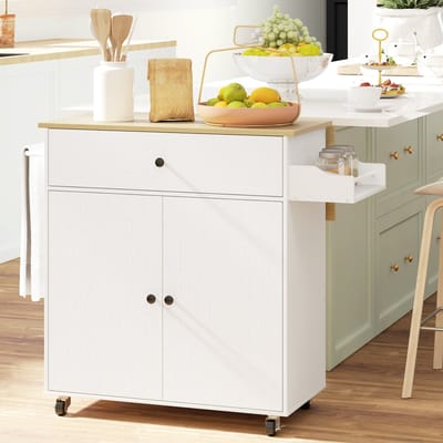 MODFU Keukeneiland Op Wielen - Uitklapbaar Werkblad En Verstelbare Plank - Modern - Keuken - MDF - Wit - 106 x 42 x 87 cm