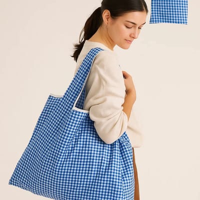 Grote Opvouwbare Boodschappentas Shopper Strandtas – Duurzame Herbruikbare Tas Ruim Sterk Compact en Stijlvol Met Etui dessin brabantse ruit