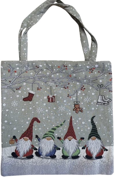 Boodschappentas -Kerst - 4 Wichtels met cadeau slinger - 45 x 45 cm