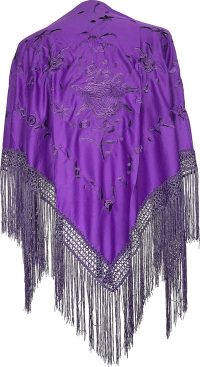 Spaanse manton - omslagdoek - paars met paarse bloemen verkleedkleding of Flamenco jurk