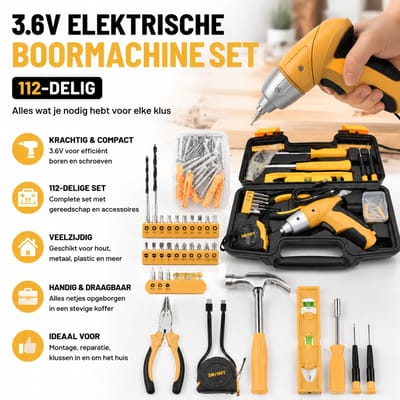3.6V Elektrische Schroevendraaier / Gereedschapsset – 112-delige – Met boormachine, bitset, boren, tang, hamer, waterpas & rolmaat – Voor montage, reparatie, auto, fiets & hobby – Incl. opbergbo