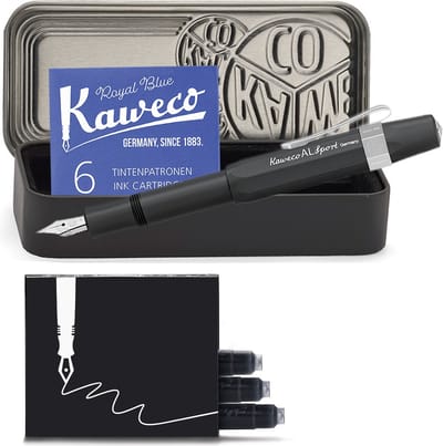 Kaweco - Cadeauset - 4delig - Kaweco AL Sport Fountain Pen Zwart vulpen - Breed - Nostalgic Octagonal Clip Chrome - Zwart Vintage blikje - Doosje Royal Blue - Doosje zwarte Vullingen
