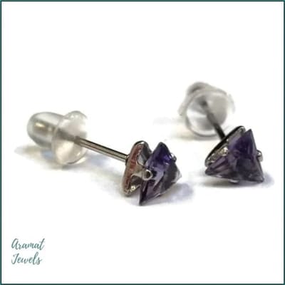 Aramat Jewels | Oorbellen | RVS Zweerknopjes Driehoek Zirkonia - Geometrische Studs | Zilverkleurig / 5 mm / Paars | |3mm | Staal | Kinderen, Volwassenen | Verkleurd niet