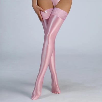 Sexy Dames Kant Satijn Glad Olie Glanzend Hoge Sokken Vintage Glanzend Sexy Panty's Yoga Shaping Elastisch Meisjes Sokken Over de Knie One Size gray
