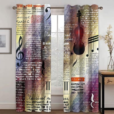 Rideaux modernes et fins en 2 pièces avec motif abstrait coloré de notes de piano pour salon, chambre à coucher, décoration de fenêtre 50W130H(CM) 2PCS&Grommet Top gray