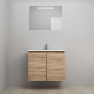 On-Line Badkamermeubelset - 80 cm - Voorgemonteerd - Greeploos 2 Deuren - Porseleinen Wastafel - 1 Kraangat - Spiegel met LED-Verlichting - Eiken