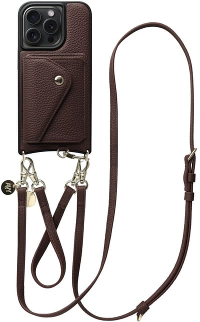 AVY Leren Hoesje geschikt voor Apple iPhone 15 Pro Max | Met Koord en Magnetische Kaarthouder | Compatibel met MagSafe | Leather Case met 30CM & 130CM Koord & Wallet | Leather Set | Chocolate