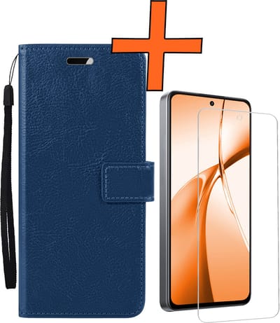 Hoes - Met Screenprotector - Geschikt voor OnePlus Nord CE4 - Luxe Pasjeshouder - Bookcase Portemonee - Flip Case - Kunstleer Book Case - Flipcase - Book Cover - Walletcase - PortemonneeHoes - Donkerblauw